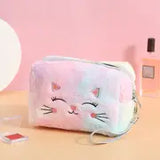 Colorful Cartoon Plush Cat Makeup Bag with Zipper Storage