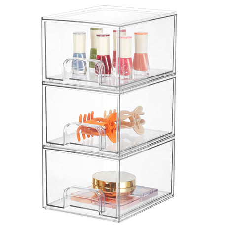 Syntus 3 Piece Set Stackable Makeup Organizers 4.4 Tall Acrylic Drawer Organizer Clear Plastic Cosmetics Storage Drawers for Vanity Undersink Bathroom Organizer Skincare Kitchen Cabinets