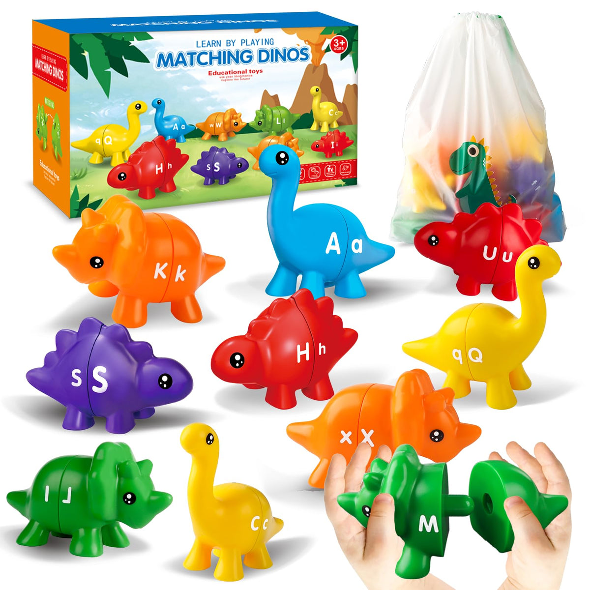 ABC Dinosaur Alphabet Learning Toys for Toddlers13PCS Montessori Preschool Educational Toy Gift for 3 Year Old Boys and Girl Double-Sided Dinosaurs Matching Game Fine Motor Skills Toy Sensory Toy
