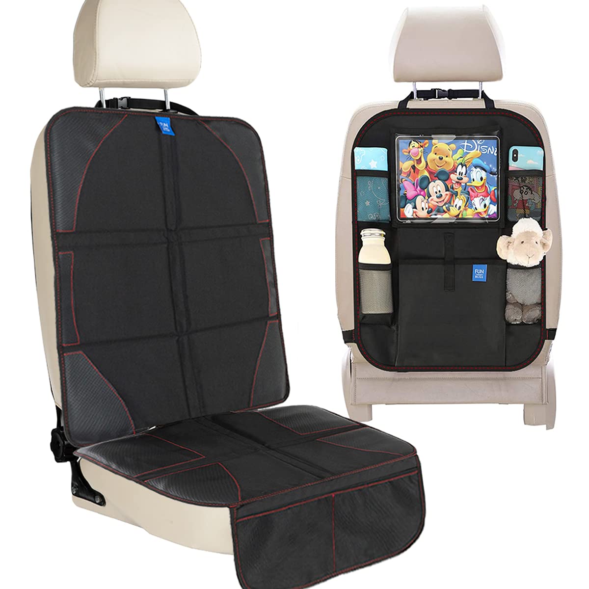 funbliss Car Seat Protector + Kick mats Car Backseat Organizer BlackSuitable for All CarsXL Largest Car Seat Cover for Child Baby Carseat Kick Mat Back Seat w/Storage Pockets