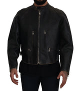 Dolce & Gabbana Elegant Black Leather Jacket with Silver Details