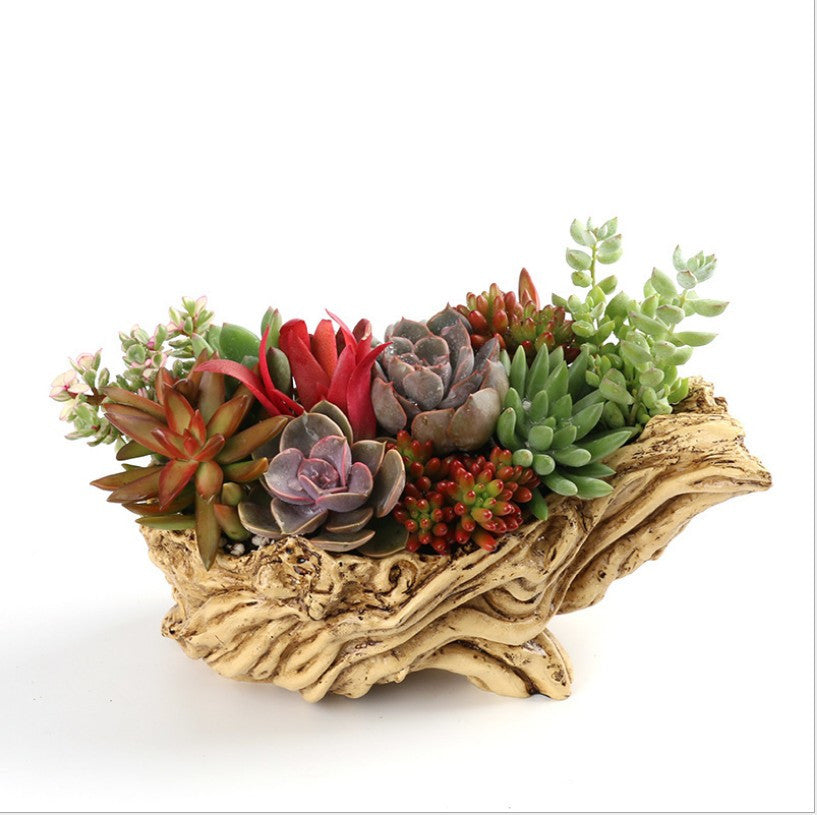 Large Vintage Style Faux Wood Succulent Planter Set