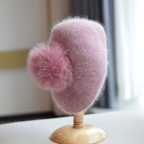 Knitted Sequin Beret with Rabbit Hair Detail