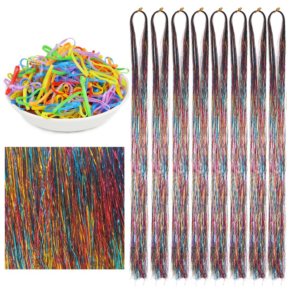 Hair Tinsel Extensions Rainbow Colorful Glitter Tinsel Hair Kit Heat Resistant 42 Inch Sparkling Fairy Hair Accessories for Women Kids Girls 8 Pcs