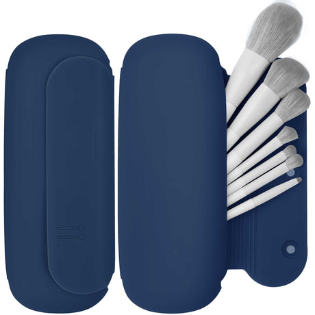 BAGCRAZY Travel Makeup Brush HolderSilicon Portable Cosmetic Face Brushes Holder with Built-in Brush CleanerUpgrade Travel Essentials Makeup Brush CaseMakeup Tools Organizer for Travel (Navy Blue)