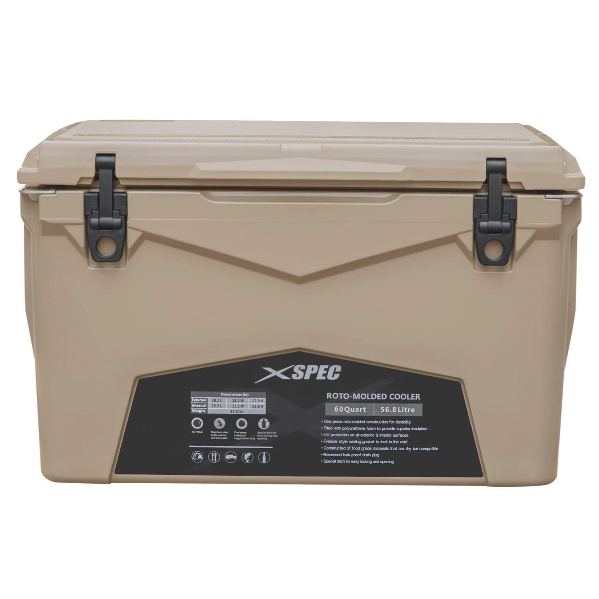 Xspec 60 Quart Roto Molded High Performance Camping Cooler Ice Chest | Pro Tough Durable Outdoor Ice Chest Sand