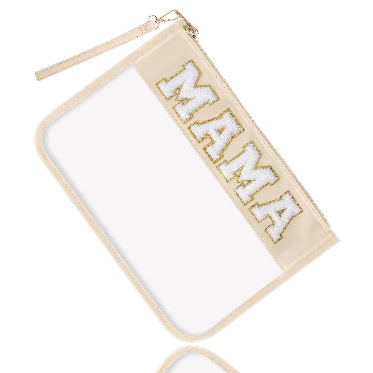 izuzta Chenille Letter Clear Bag Mama Purse Pouch Monogram PVC & PU Clear Zipper Pouch with Wristlet Waterproof Portable Glitter Snacks Makeup Beach Pouch Toiletry Bag for Women Girls (MAMA-Beige)