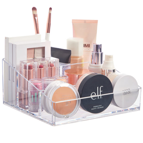 STORi Clear Plastic Vanity Makeup Organizer | Compact Rectangular 4-Compartment Holder for Brushes Eyeshadow Palettes & Beauty Supplies | Made in USA