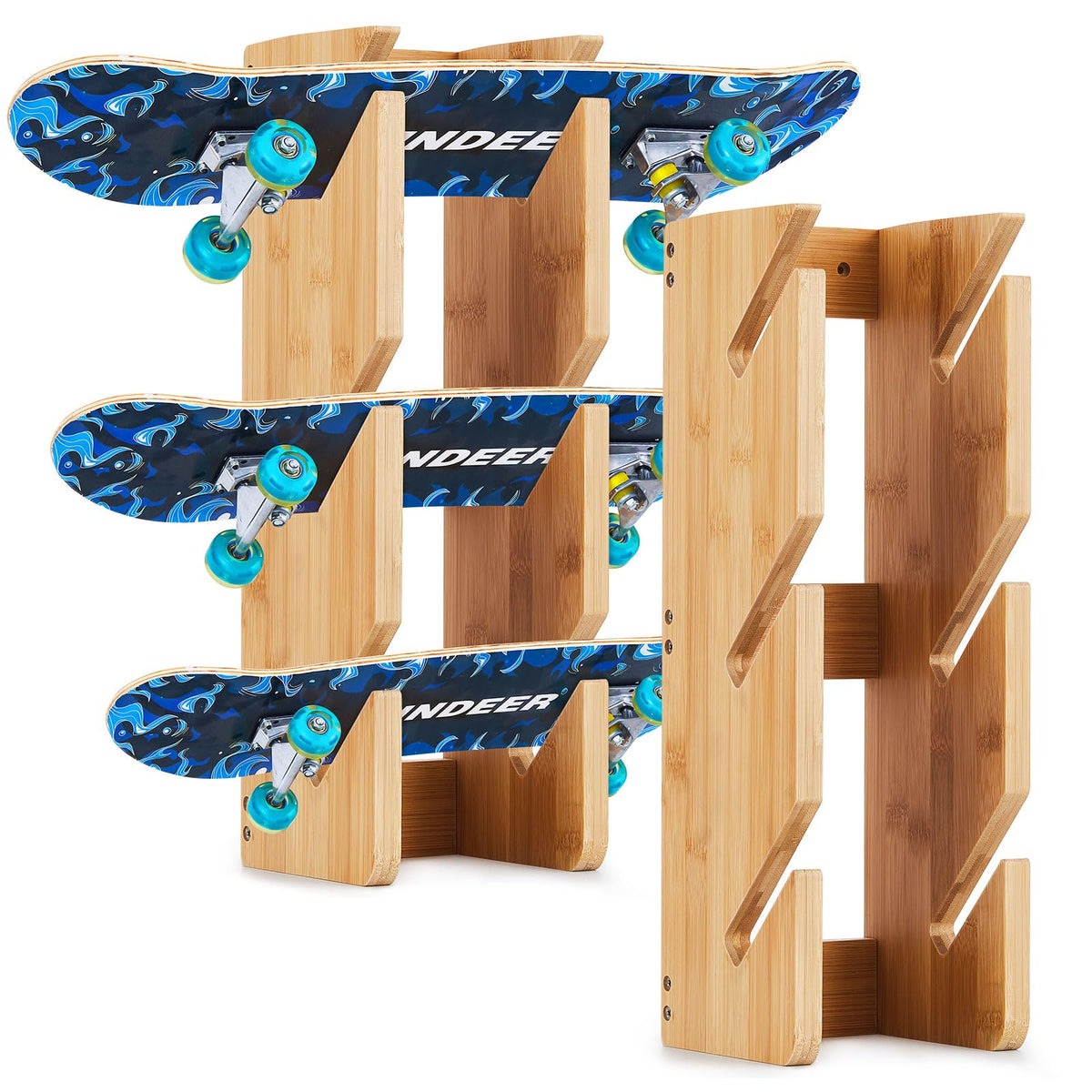 Woanger 2 Pack Skateboard Rack Skateboard Wall Mount Display Holds 3 Boards Skateboard Hanger Sustainable Bamboo Skateboard Holder Wall Mount for Storage Home Garage Snowboard Indoor Organizer Skate