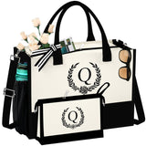 QLOVEA Bridemaid Gifts for Women Personalized Beach Bag With Makeup Bag Wedding Gift Bags for Hotel Guests Birthday Gifts for Women Mom Grandma Sister Aunt Teacher Friends Nurse Letter Q