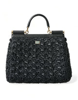 Dolce & Gabbana Black Sicily Embellished Raffia Tote Crossbody Bag - Women's