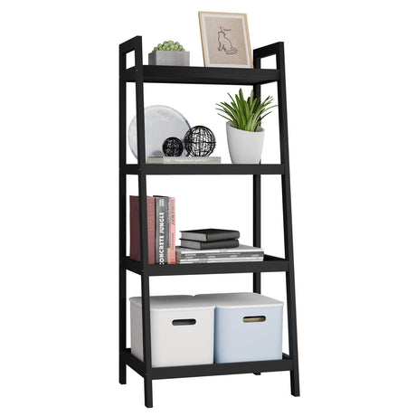SMIBUY Ladder Shelf 4 Tier Bamboo Bookshelf Bathroom Storage Organizer Plant Display Stand Freestanding Open Shelving Unit with Handles for Home Office (Black)