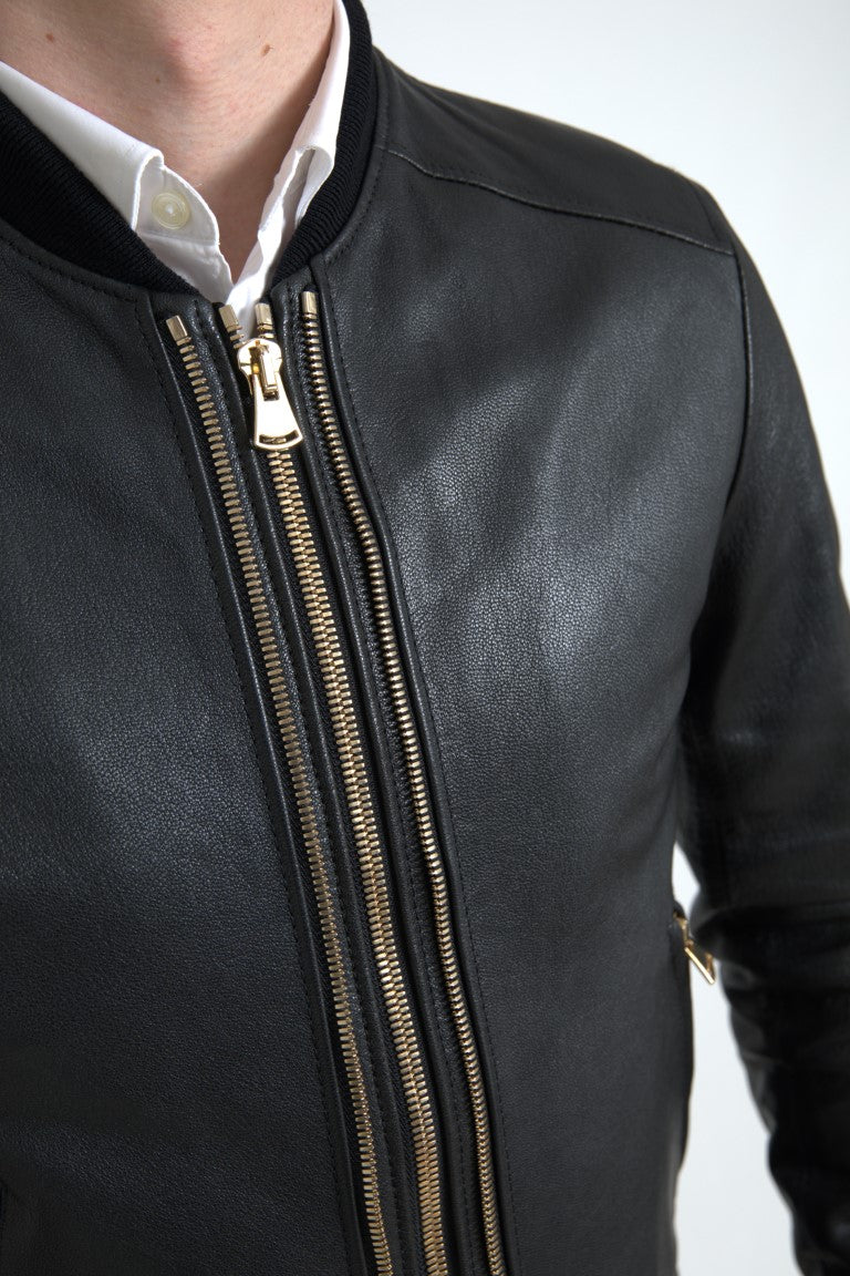 Dolce & Gabbana Black Leather Blouson Full Zip Bomber Jacket - Men's