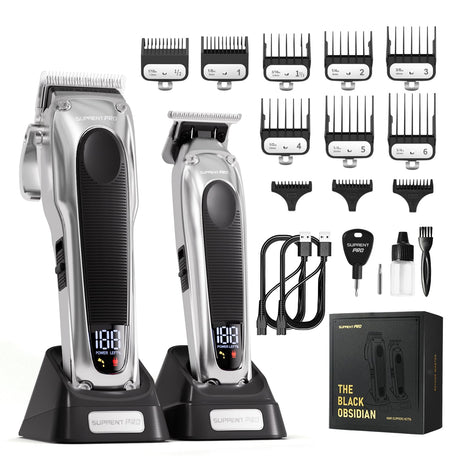 SUPRENT PRO Professional Hair Clippers for Men - High Torque Brushless Motor & Detachable Blade - Cordless Hair Trimmer Set for Barbers with Charging Base - Premium Hair Clipper Kit - Silver