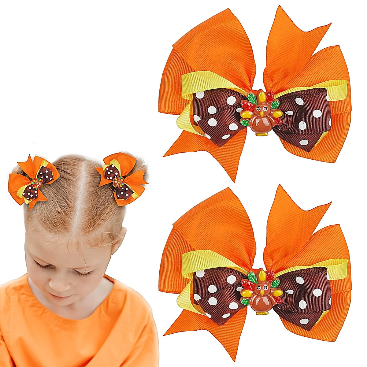 Thanksgiving Hair Bow Clips Turkey Hair Clips Cute Orange Fall Festival Hair Bows Alligator Clips for Girls Toddler Kids Cheer Bowknot Turkey Hair Barrettes for Autumn Thanksgiving Party Gift 2Pcs