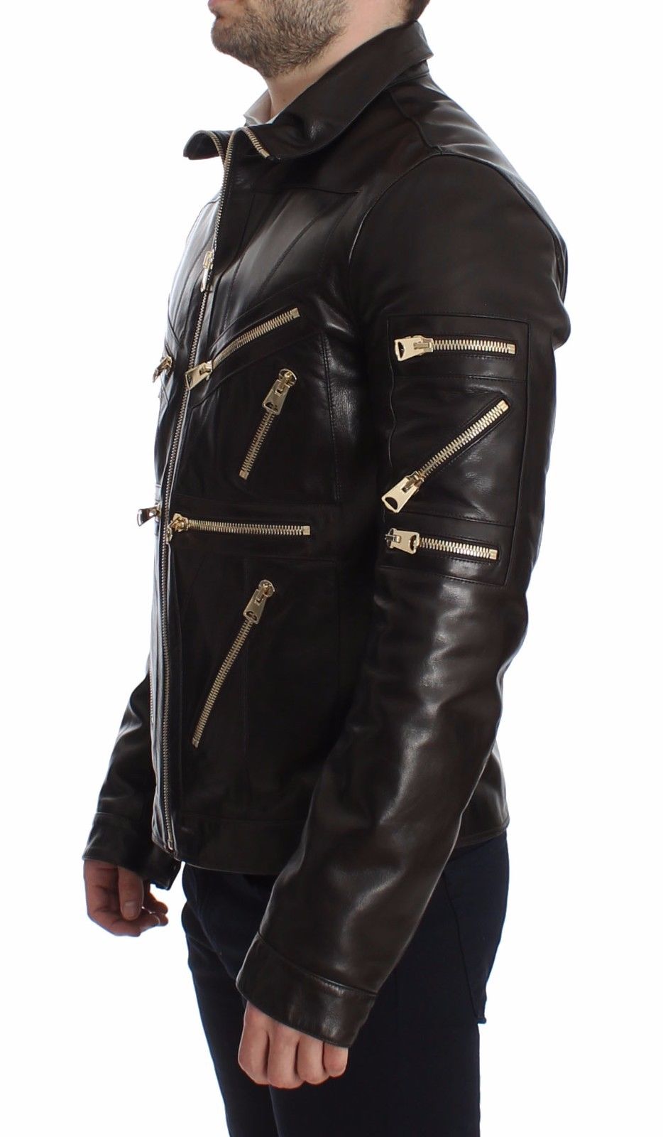 Dolce & Gabbana Brown Lambskin Leather Zipper Jacket - Men's