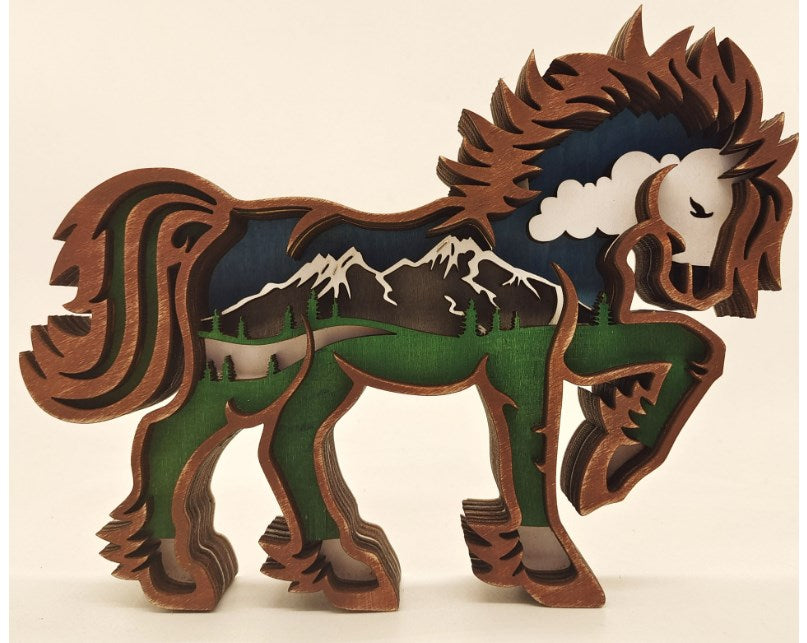 3D Carved Wooden Horse Statue for Home Decor