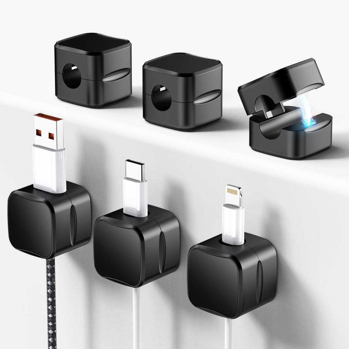 6 Pack Magnetic Cord Organizer Znben Magnetic Cable Clips Holder Adhesive Cable Management Charger Wire Holder Clips for Desk Car Office Home Cubicle Nightstand - Black