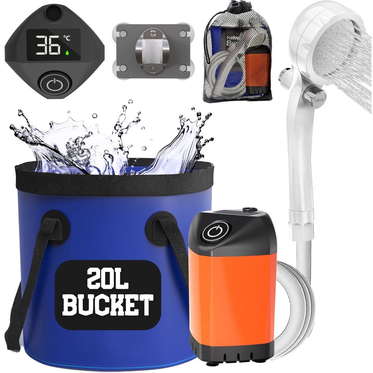 Elil Portable Camping Shower Pump with 5 Gallon Collapsible Bucket - Rechargeable Battery Camp Shower Electric Shower Portable Shower for Camping