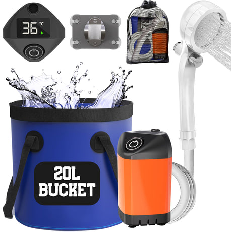 Elil Portable Camping Shower Pump with 5 Gallon Collapsible Bucket - Rechargeable Battery Camp Shower Electric Shower Portable Shower for Camping