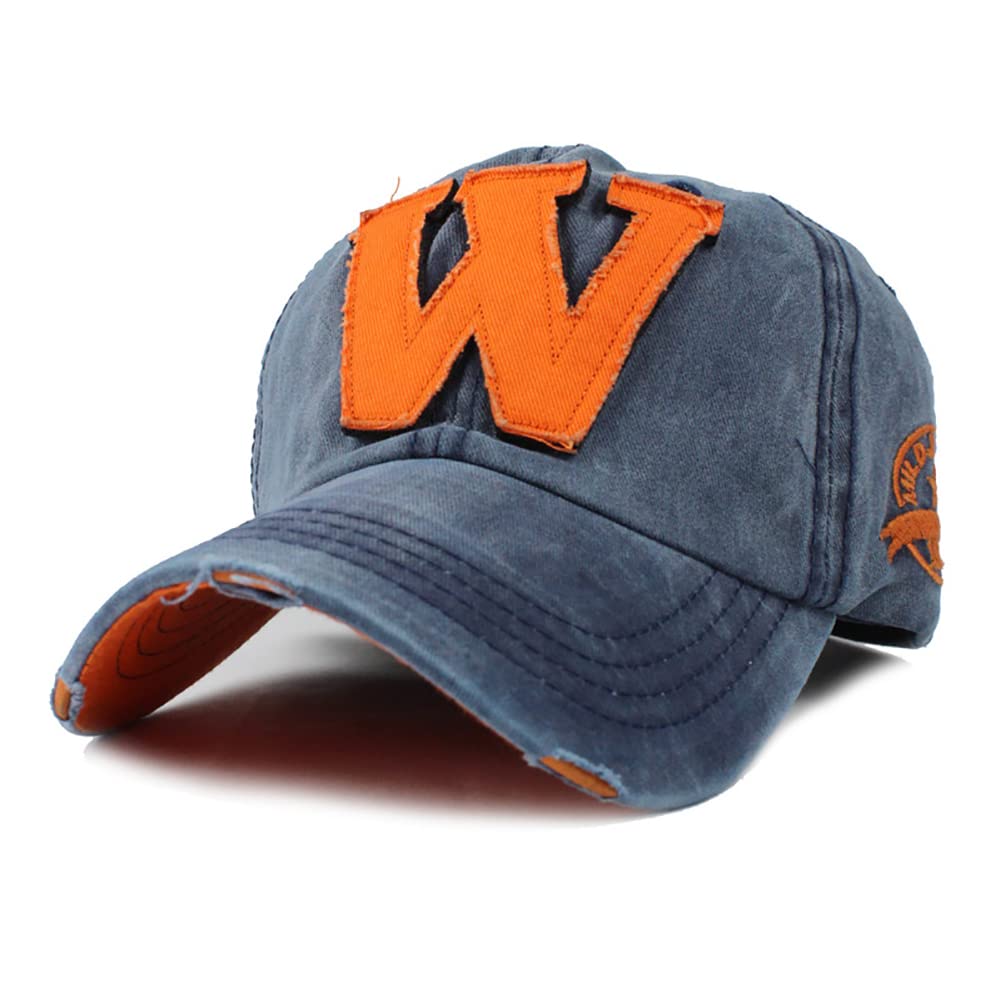 YULOONG Vintage Baseball Cap Denim Embroidered W Trucker Hat Retro Frayed Edge Sunhat 100% Cotton Outdoor Cap Unisex Blue