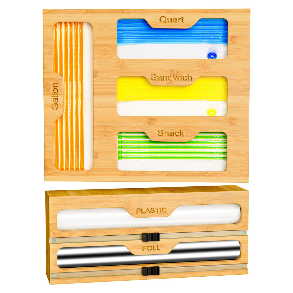 KOCWELL Bamboo Bag Storage Organizer - 2 Wrap Dispenser with Cutter & 4 Slots Food Storage Bags Container - Kitchen Drawer Plastic Bags Storage Organization for Gallon Quart Sandwich Snack Bags