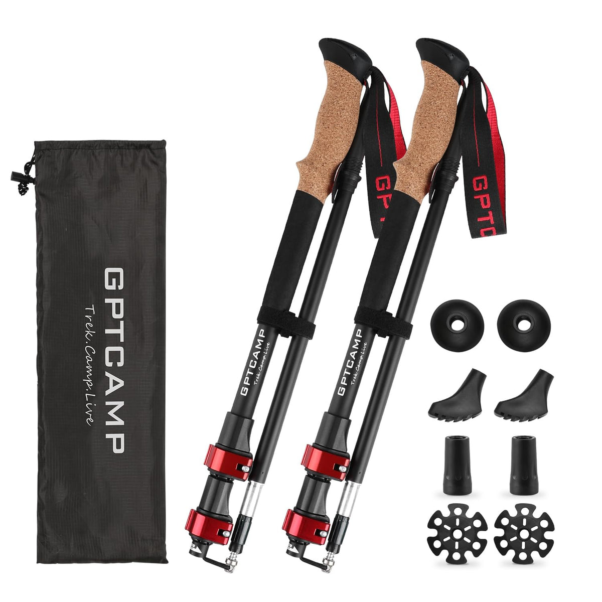 GPTCAMP Walking SticksTrekking Poles Collapsible Hiking PolesLightweight Folding Travel Walking Sticks for Men Women2pc Adjustable Hiking Sticks with EVA Foam Grips for BackpackingRed