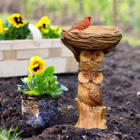 Owl Design Free Standing Bird Bath and Feeder Tray