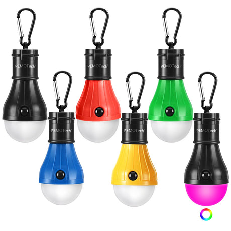 PEMOTech Camping Lights 6 Pack - Portable 5 pcs Tent Lights & 1pcs RGB Mode Lantern Bulb with Clip Hook Emergency Lights Tent Lamp Camping Accessories for Camping Hiking Backpacking Fishing Outage