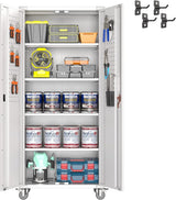 Large Metal Storage Cabinet With Pegboard And Wheels,Lockable Steel Storage Cabinet With 4 Adjustable Shelves, White Metal Cabinet For Garage Home, Office Assembly Required