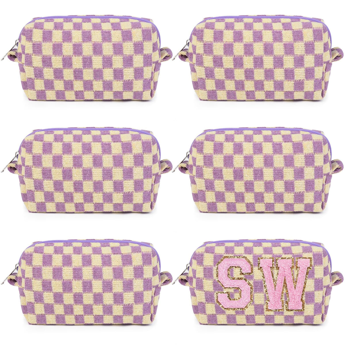 6 Pcs Preppy Makeup Bag Bulk Checkered Cosmetic Bag Purple Makeup Pouch Personalize Travel Toiletry Bag Organizer Cute DIY Makeup Brushes Storage Bag for Women