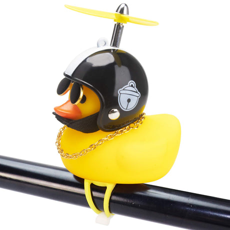 wonuu Rubber Duck Toy Car Ornaments Yellow Duck Car Dashboard Decorations Squeeze Duck Bicycle Horns with Propeller Helmet (Black Hat White Bell-Light)