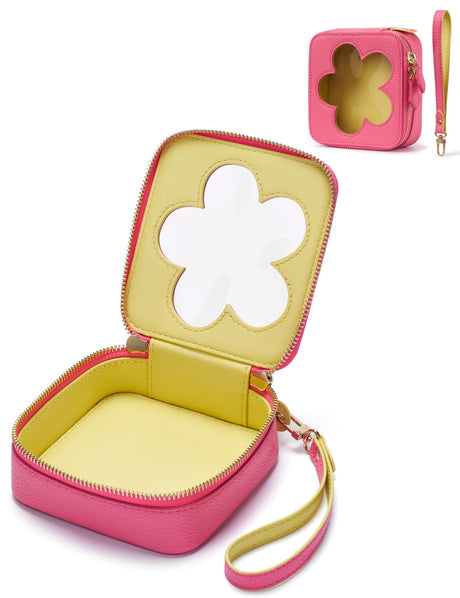 Popvibe Small Clear Makeup Bag Women Mini Cosmetic Bag for Purse Makeup Pouch Travel Cute Makeup Tiny Bag for Toiletry Square Make Up Bag Car Organizer Essentials Bag Hot Pink & Yellow Flower