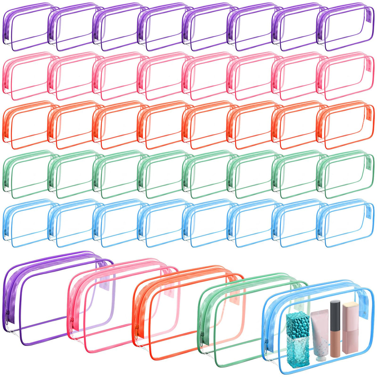 Sanwuta 100 Pcs Clear Makeup Bags Bulk Tsa Approved Toiletry Bag for Travel Transparent Cosmetic Bag PVC Waterproof Travel Small Pouches with Zipper for Men and Women(Bright Color)