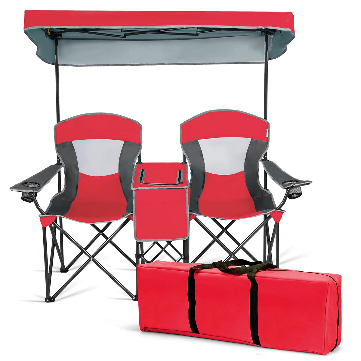 DORTALA Double Camping Chair with Canopy 2 Person Folding Beach Chair with Canopy Shade Table Beverage Holder and Storage Bag Double Rocker Chair Outdoor for Camping Beach Picnic Red