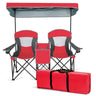 DORTALA Double Camping Chair with Canopy 2 Person Folding Beach Chair with Canopy Shade Table Beverage Holder and Storage Bag Double Rocker Chair Outdoor for Camping Beach Picnic Red