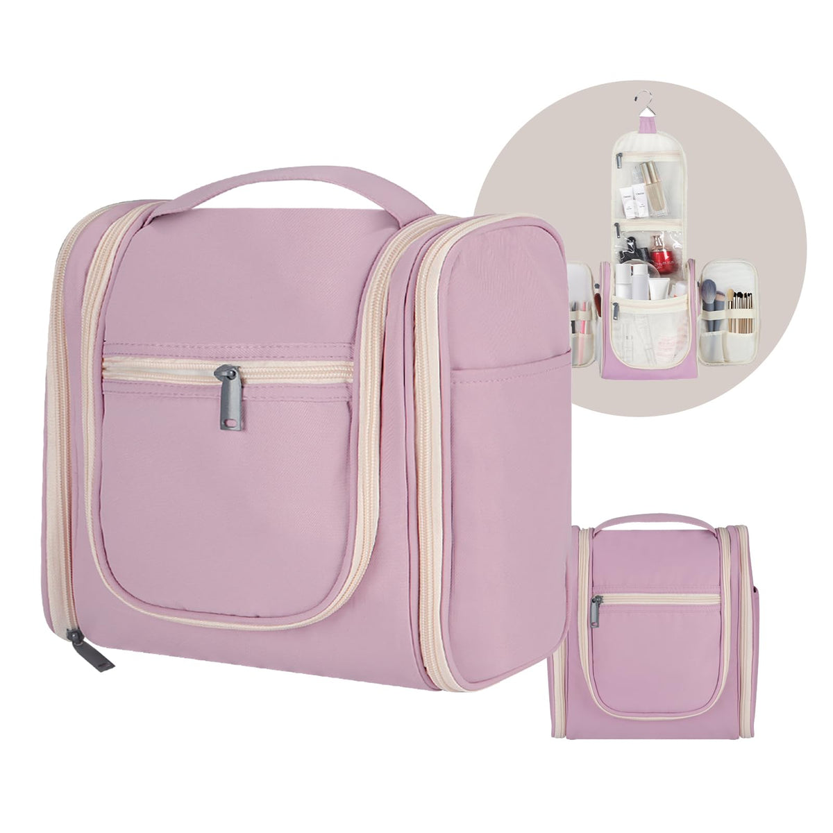 POCDUORG Hanging Travel Toiletry Bag Cosmetic Makeup Organizer for Women and Men - Portable Toiletries Kit for Camping Gym and Home (Blush Pink Large)
