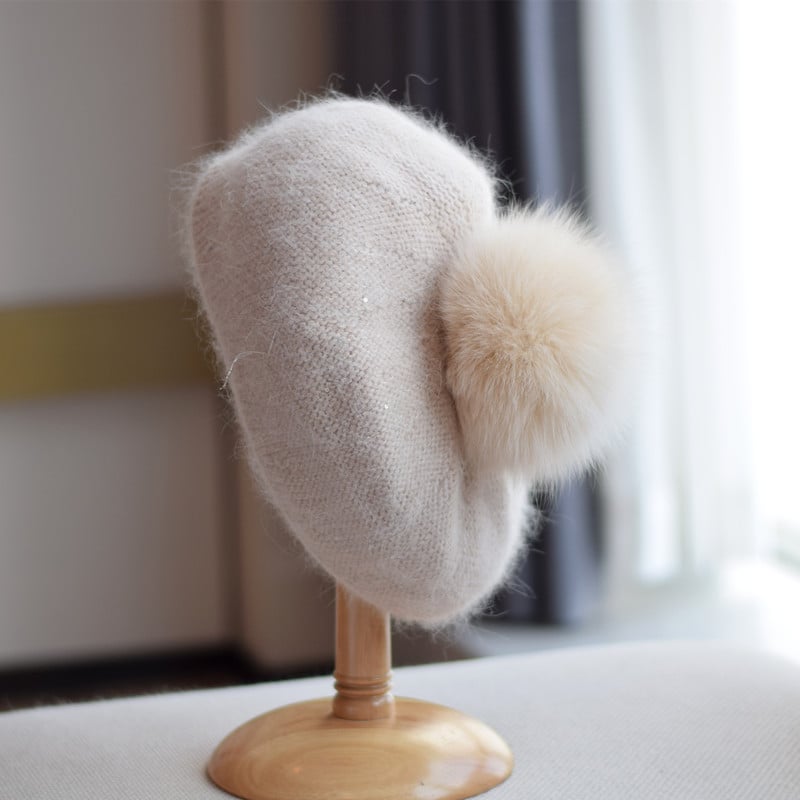 Knitted Sequin Beret with Rabbit Hair Detail