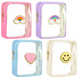 Spiareal 4 Pcs Preppy Patch Makeup Bag Cute Chenille Letter Pouch Cosmetic Makeup Cases Toiletry Bag with Zipper Travel Organizer Stuff Skincare Bags for Women Nurse(Transparent Surface)