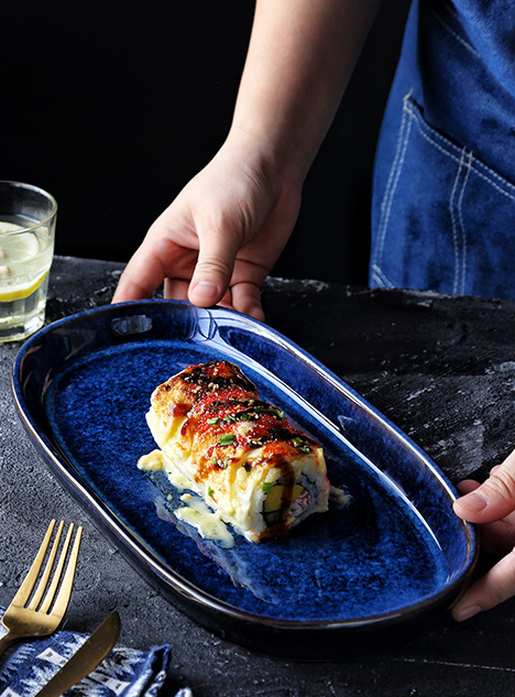 Creative Blue Ceramic Sushi Sashimi Platter (Home Use)