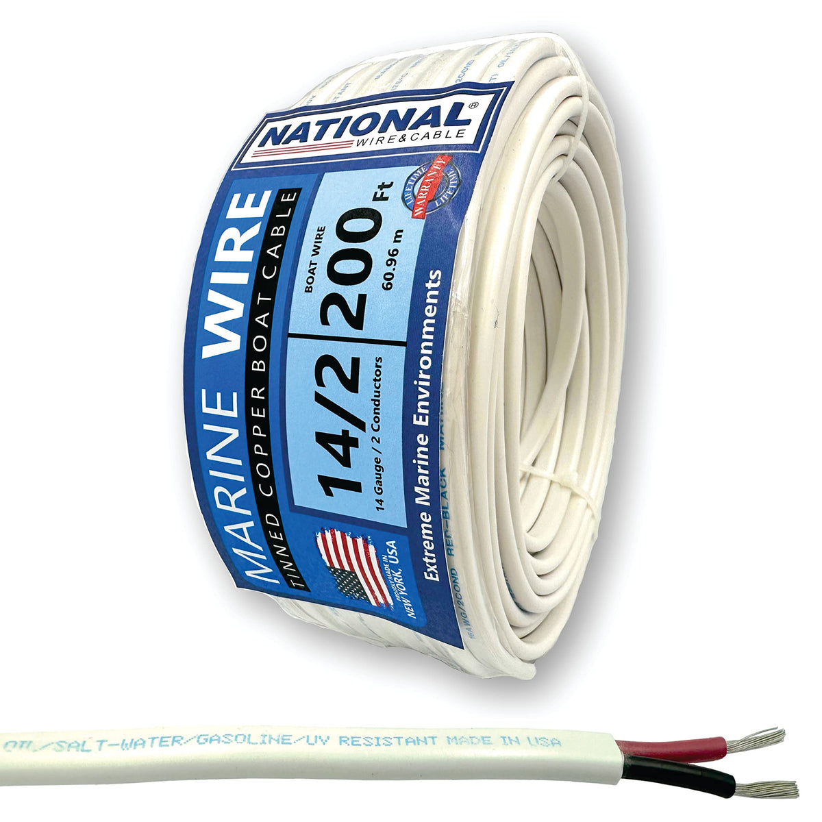 NATIONAL Wire&Cable 14/2 Marine Wire - 200 Ft - Made in USA - Tinned Copper Duplex Boat Wire - 14-Gauge 2-Conductor Shethed- Designed for Boat/Marine/Automotive/RV/Camper/Trailer
