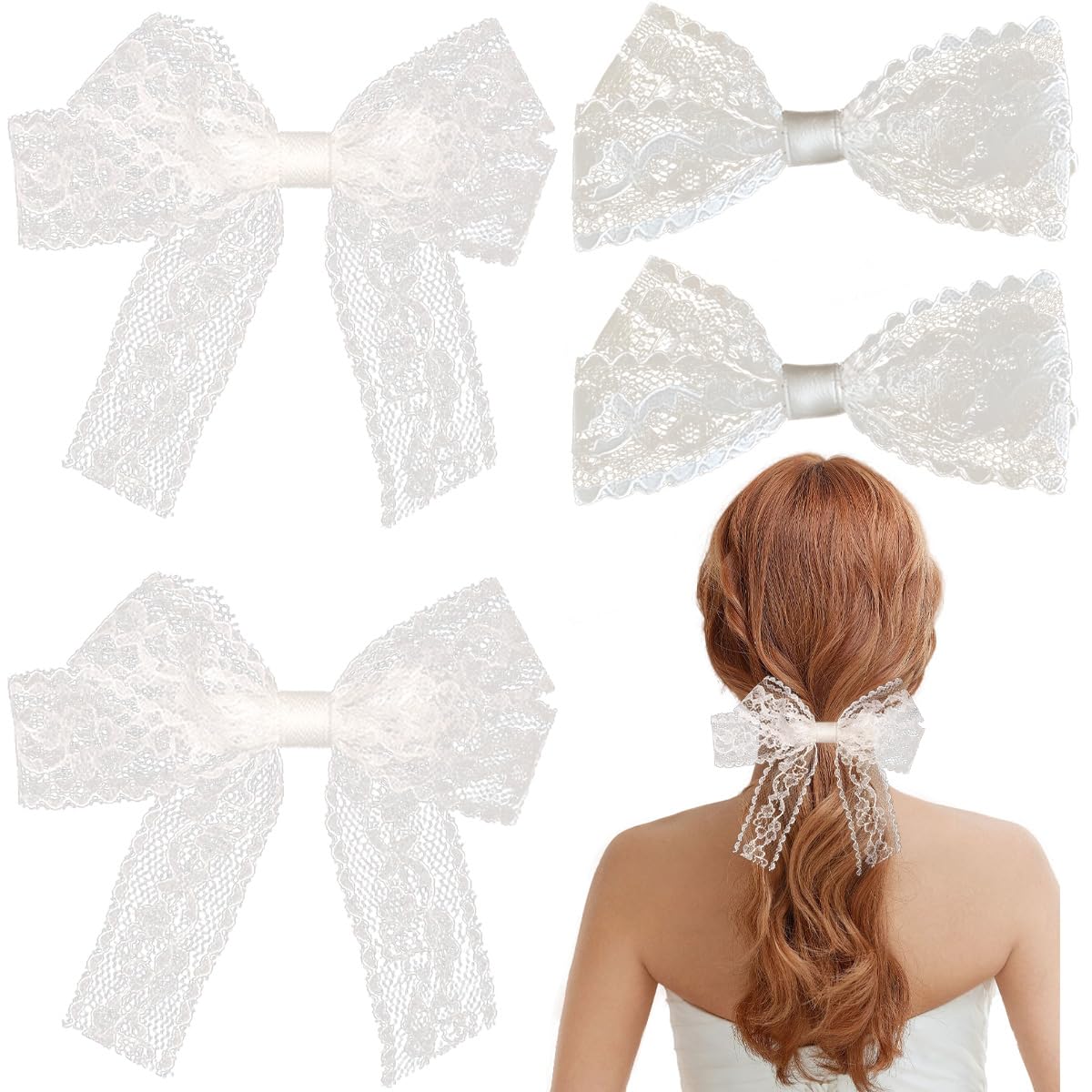 4 PCS White Lace Bows Hair Clips Cute Lace Ribbon Bow Alligator Clip Tulle Bows Metal Clip Bow Hair Clip Bowknot Clips Hollow Out Bowknots Hair Barrettes for Women Girls