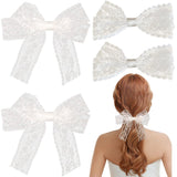 4 PCS White Lace Bows Hair Clips Cute Lace Ribbon Bow Alligator Clip Tulle Bows Metal Clip Bow Hair Clip Bowknot Clips Hollow Out Bowknots Hair Barrettes for Women Girls