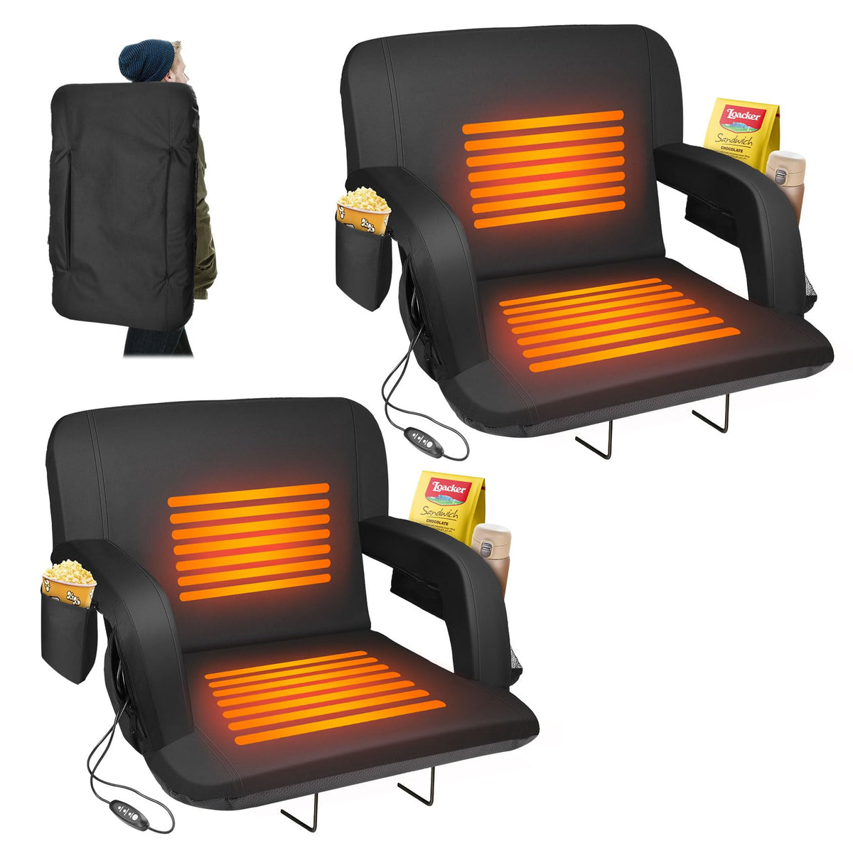 Suteck 2PC Dual-Side Heated Stadium Seat with Back Support 21" Wide Cushion Foldable Bleacher Chair W/USB 3-Level Heating 5 Storage Pockets – Portable Stadium Chair for Outdoor Camping Sports Game