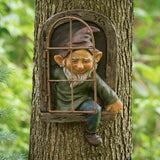 Elf Out The Door Window Tree Hugger Garden Gnome Statue