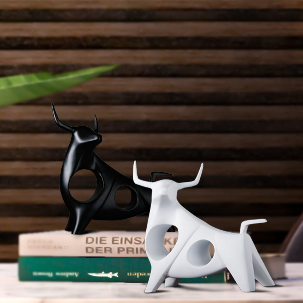 Modern Black and White Bull Figurine for Home Decor