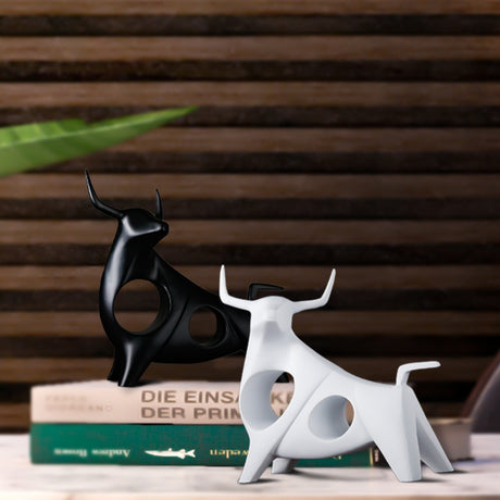 Modern Black and White Bull Figurine for Home Decor