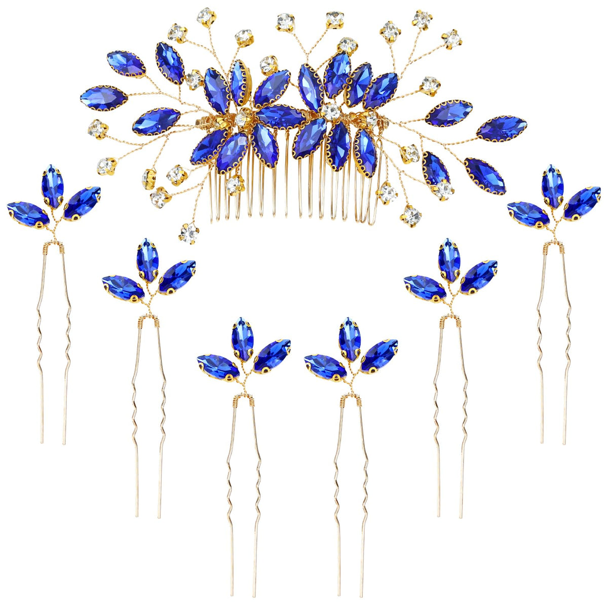 inSowni 7 Pieces Royal Blue Rhinestone Wedding Bridal Hair Side Comb Slide+U-shaped Hairpins Hair Accessories Headpieces for Women Girls Brides Bridesmaids