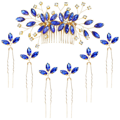 inSowni 7 Pieces Royal Blue Rhinestone Wedding Bridal Hair Side Comb Slide+U-shaped Hairpins Hair Accessories Headpieces for Women Girls Brides Bridesmaids