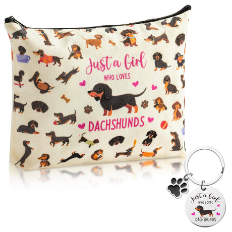 JAPBOR Makeup Bag for Dog Lovers - Dachshund Dog Themed Cosmetic Bags and Keychain Gifts Set Cute Puppy Organizer Makeup Pouch Animal Travel Zipper Toiletry for Owner Women Girl Traveling Birthday